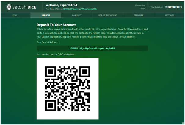 Satoshi Dice Account and Deposit