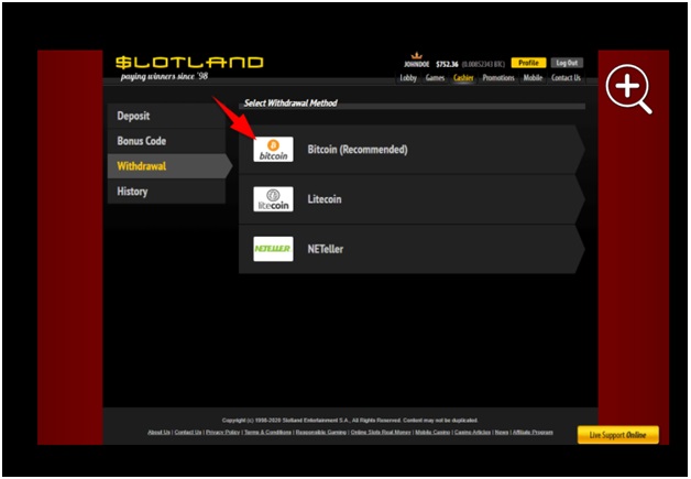 Bitcoin withdrawal at slotland casino